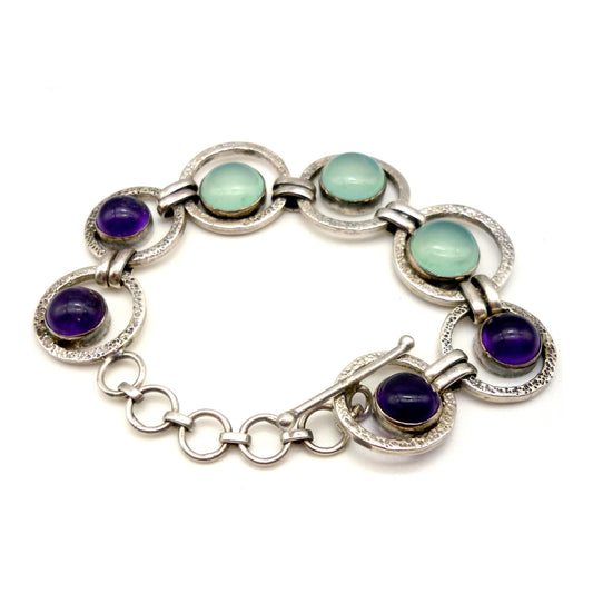 Blue Chalcedony & Amethyst Chain Link Silver Bracelet with Bezel Set Gemstone