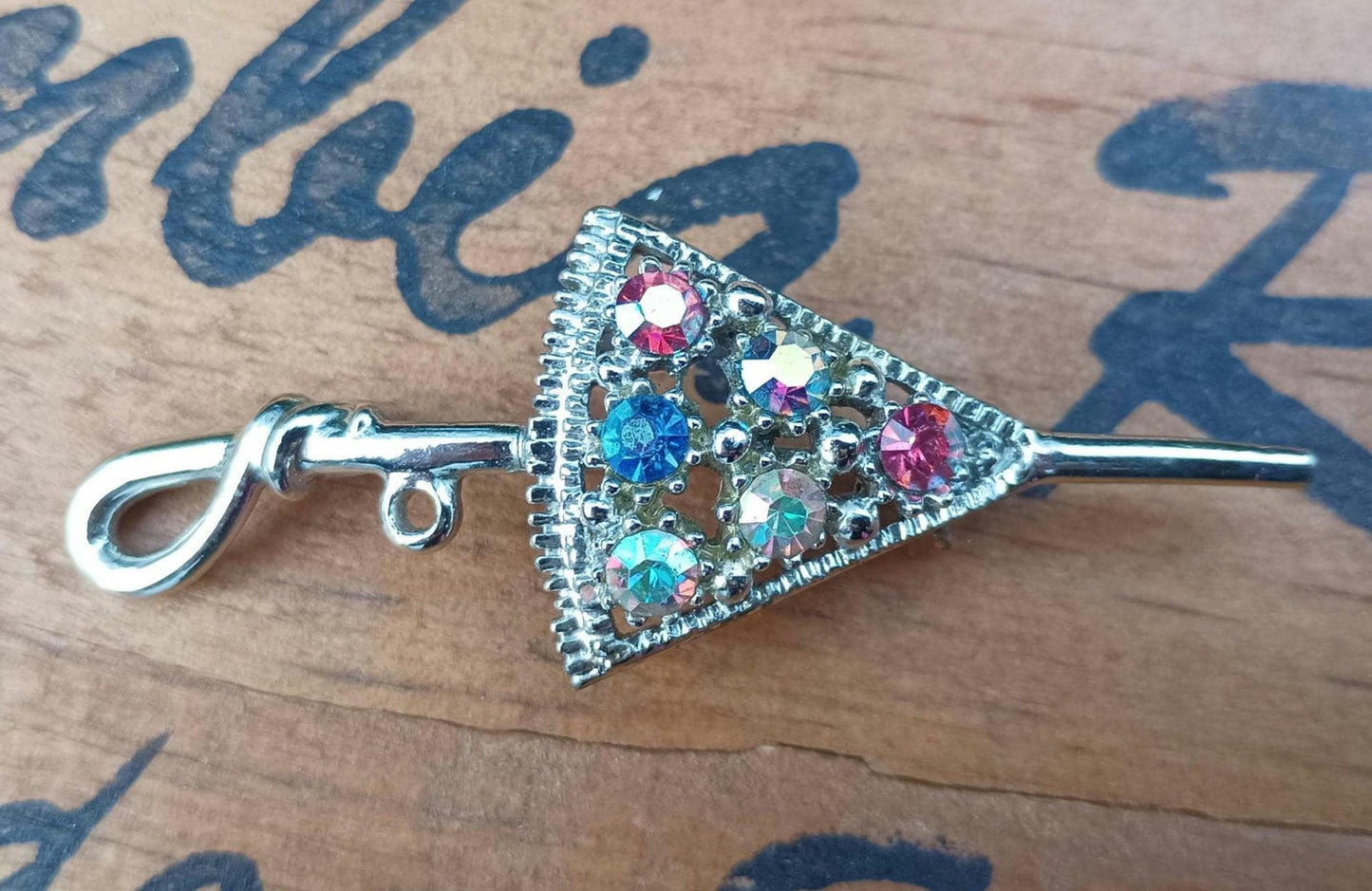 1960s Vintage Umbrella Brooch with Aurora Borealis Crystals