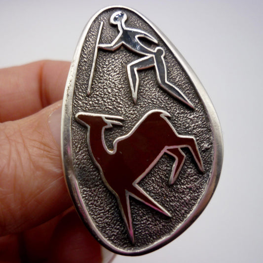 Vintage Sterling Silver Antelope & Hunter Brooch, African Art Jewellery
