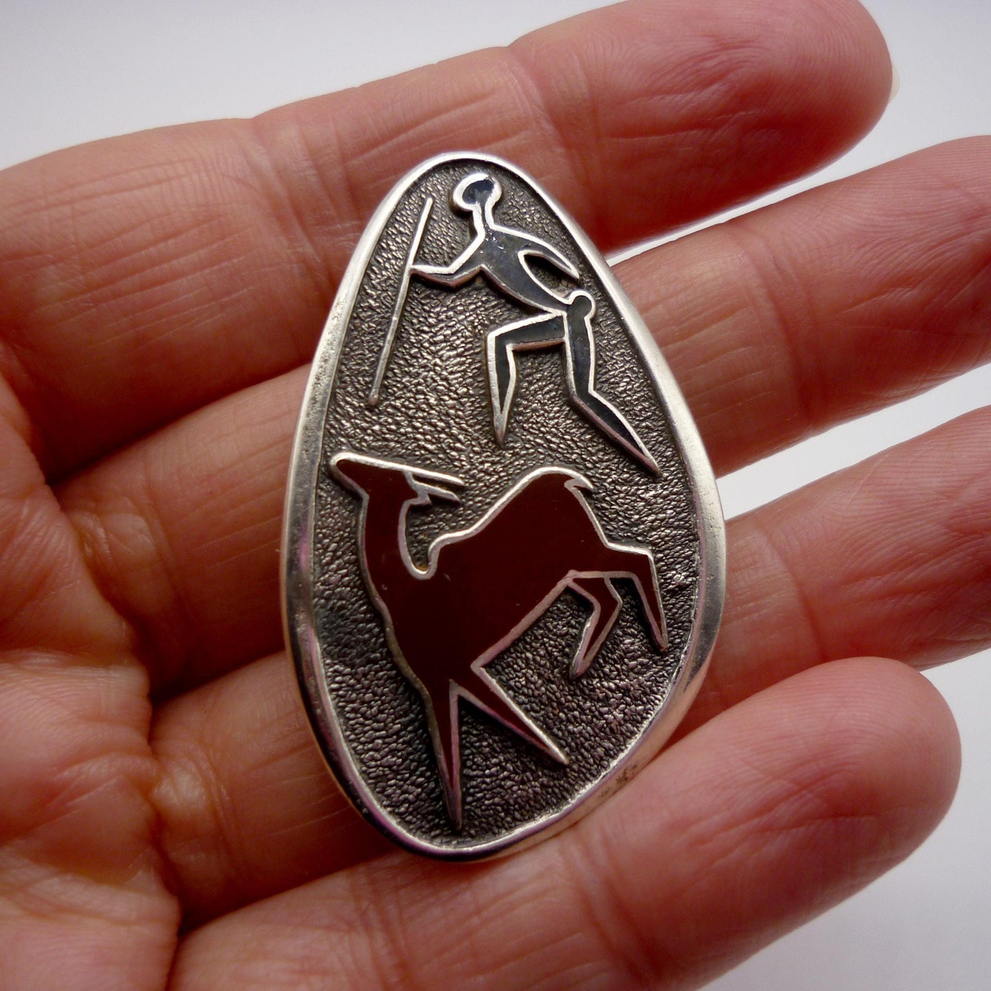 Vintage Sterling Silver Antelope & Hunter Brooch, African Art Jewellery