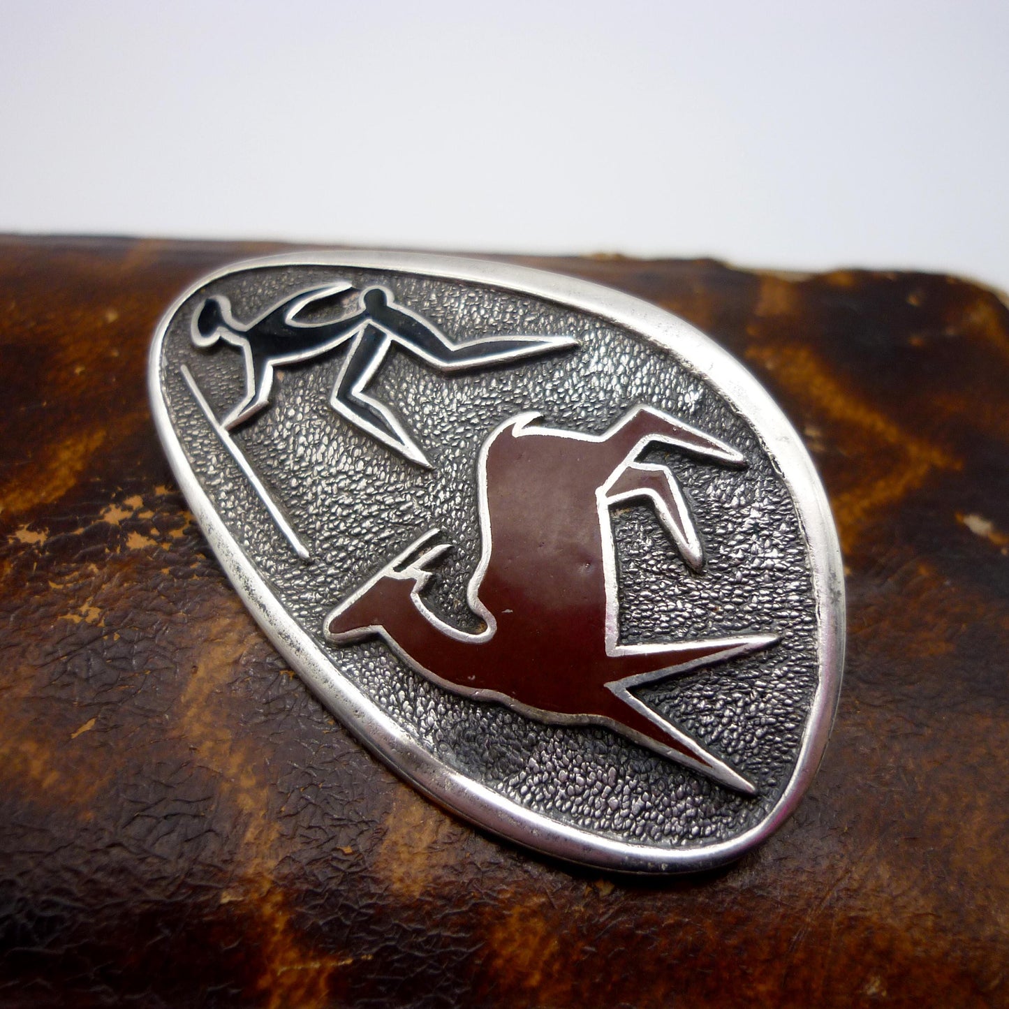 Vintage Sterling Silver Antelope & Hunter Brooch, African Art Jewellery