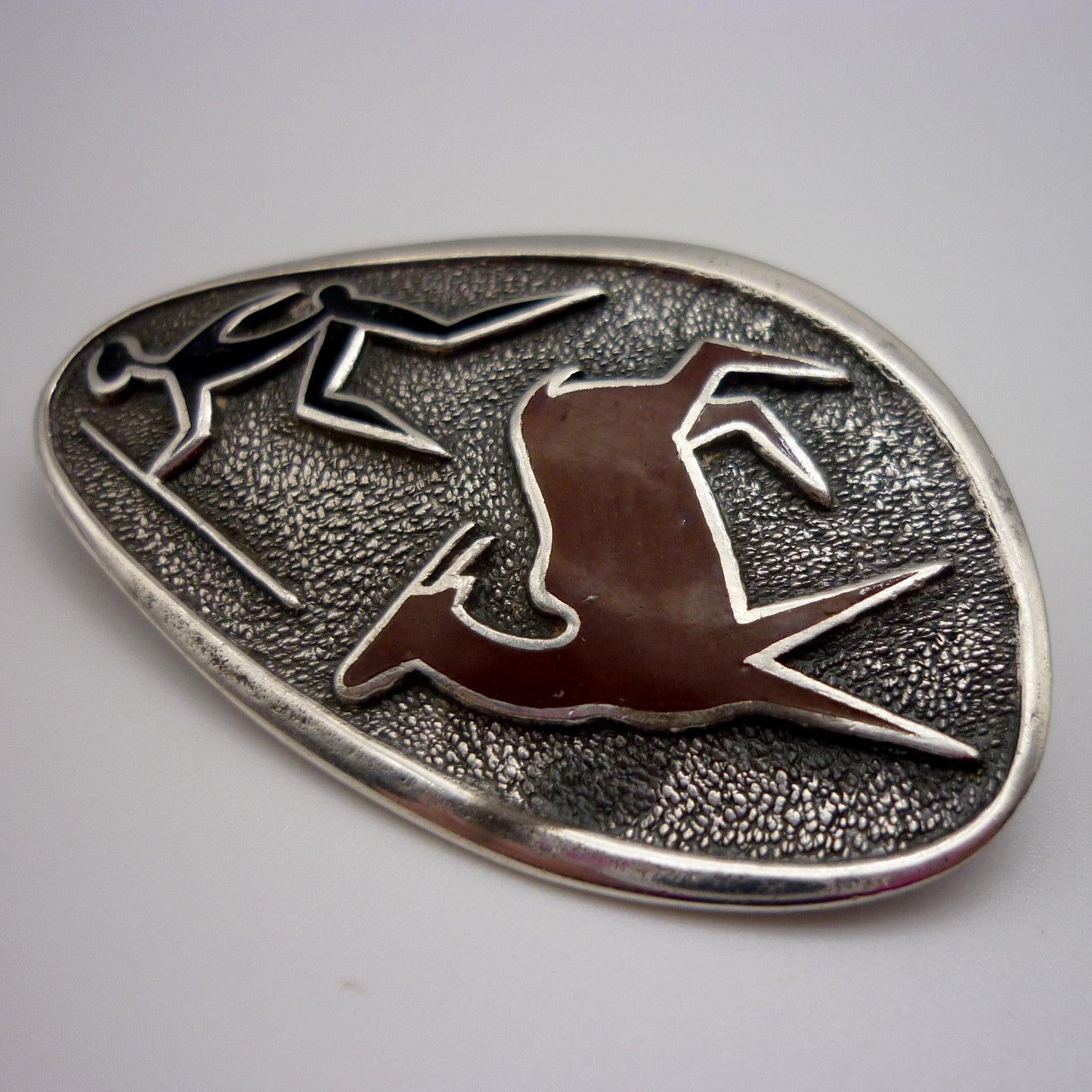 Vintage Sterling Silver Antelope & Hunter Brooch, African Art Jewellery