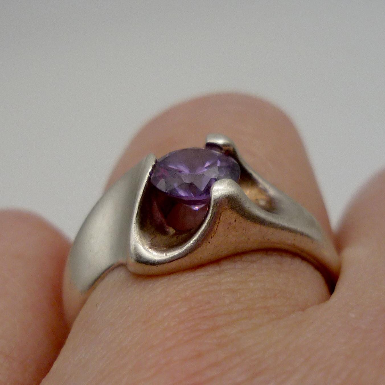 Vintage Silver Amethyst Solitaire Ring Size 6.5, Chunky Twist Band Sterling