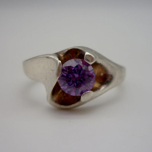 Vintage Silver Amethyst Solitaire Ring Size 6.5, Chunky Twist Band Sterling