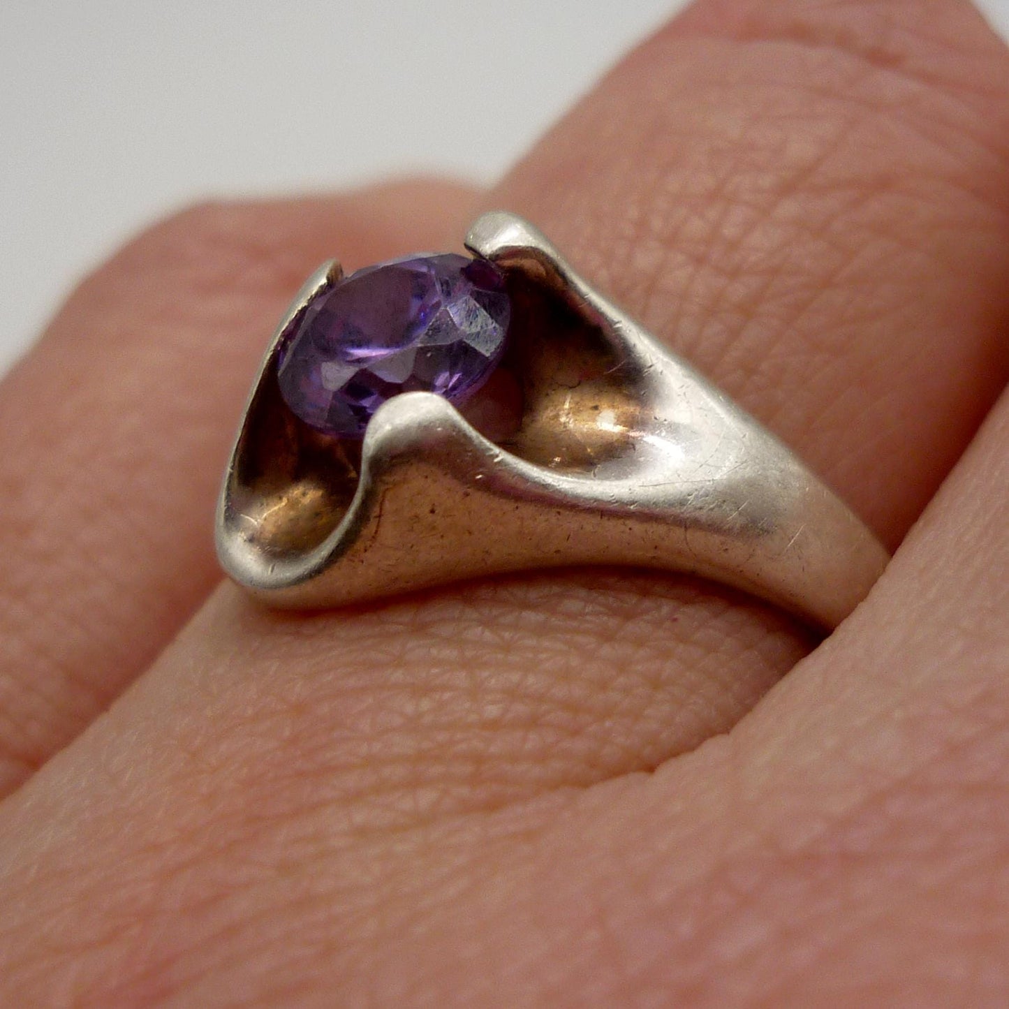 Vintage Silver Amethyst Solitaire Ring Size 6.5, Chunky Twist Band Sterling