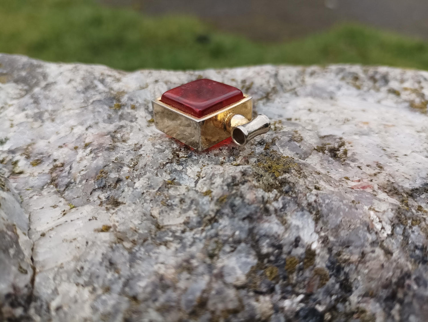 Vintage Gold Plated Square Pressed Amber Glass Cabochon Pendant