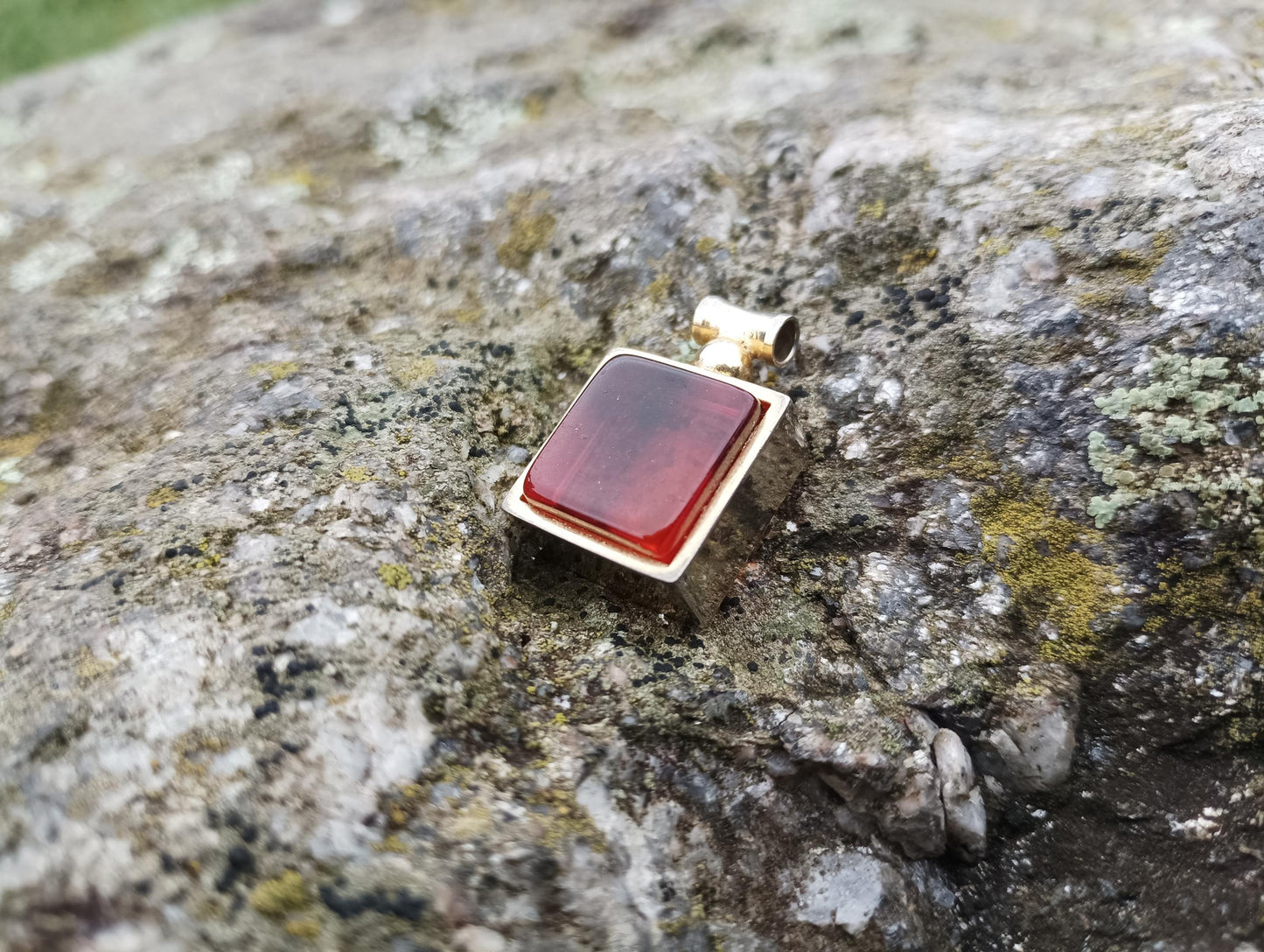 Vintage Gold Plated Square Pressed Amber Glass Cabochon Pendant