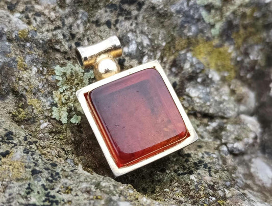 Vintage Gold Plated Square Pressed Amber Glass Cabochon Pendant
