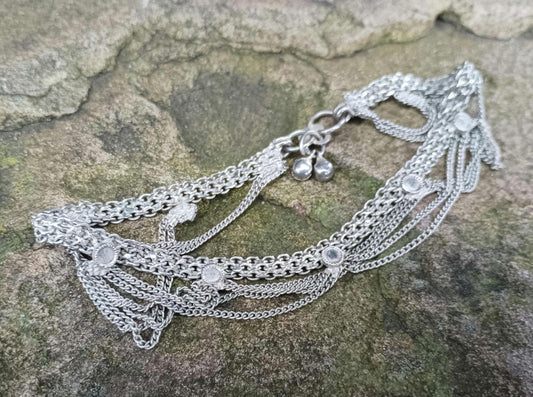 Vintage Dainty Silver Tone Anklet with Chains and Bells