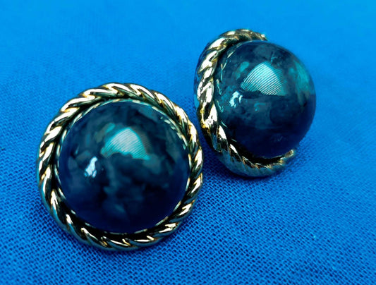 Vintage Dark Blue Cabochon Earrings with Gold Tone Frame
