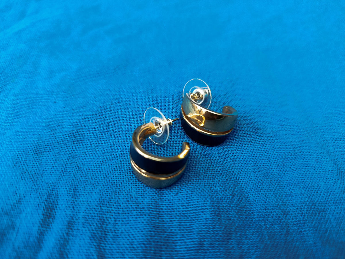 Vintage 1980s Monet Gold Plated and Black Enamel Earrings