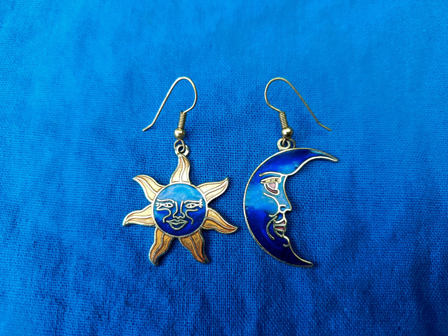 Vintage 1990s Cloisonné Enamel and Gold Plated Sun and Moon Earrings