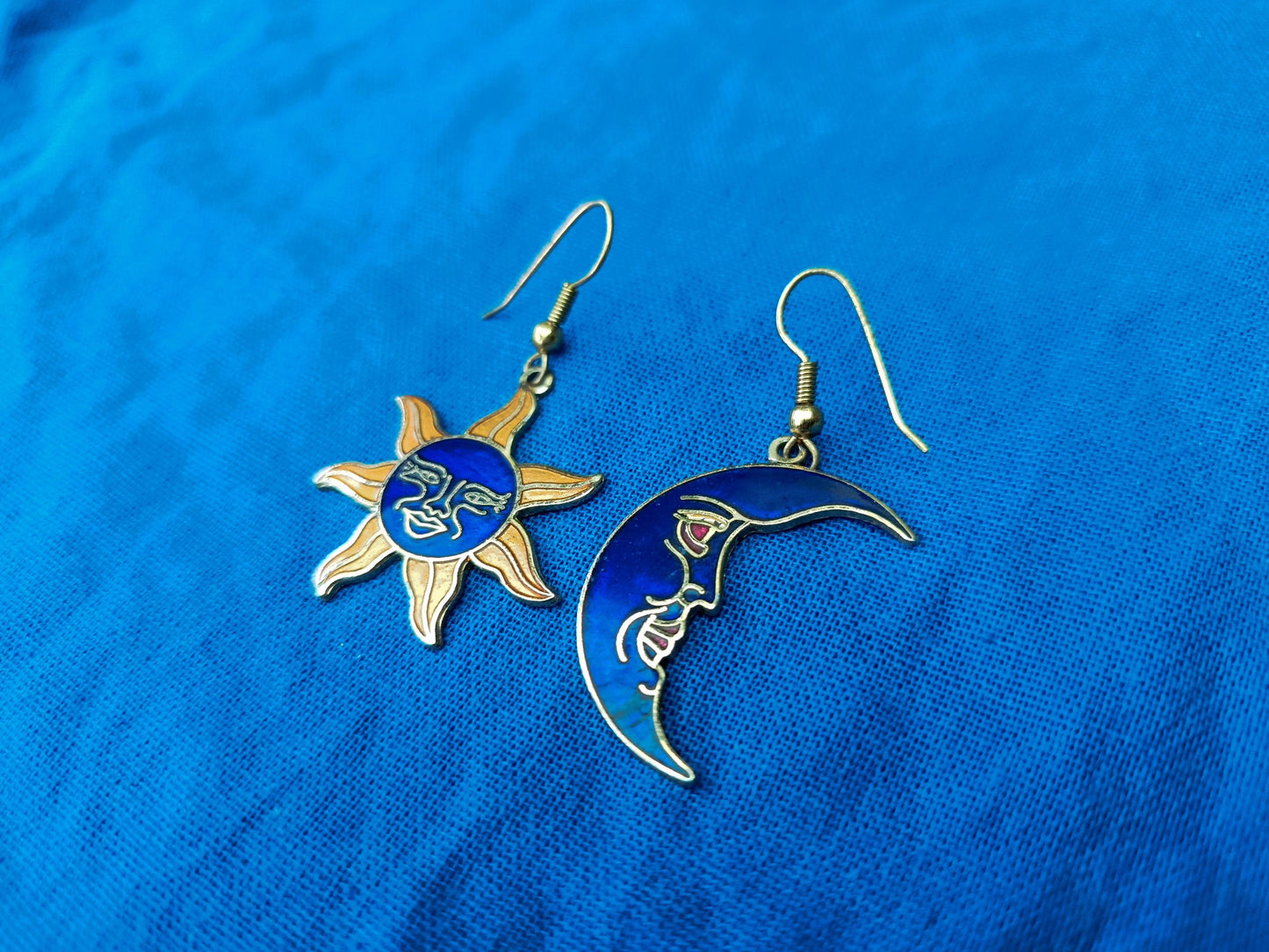 Vintage 1990s Cloisonné Enamel and Gold Plated Sun and Moon Earrings