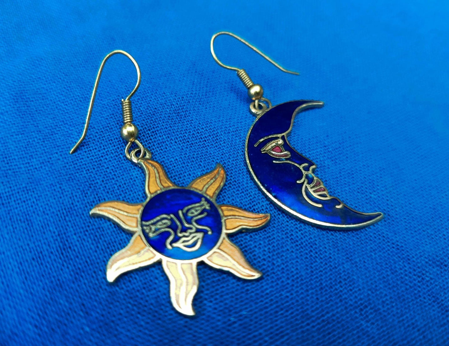 Vintage 1990s Cloisonné Enamel and Gold Plated Sun and Moon Earrings