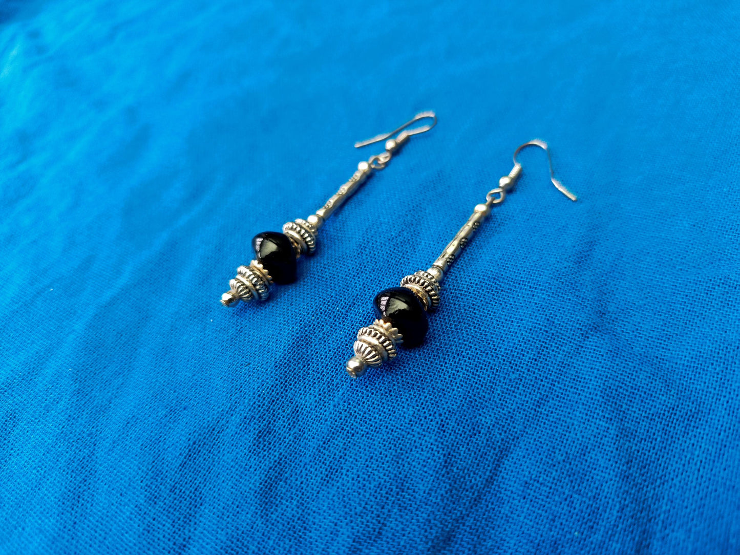 Vintage Silver Tone and Black Glass Beaded Drop Earrings