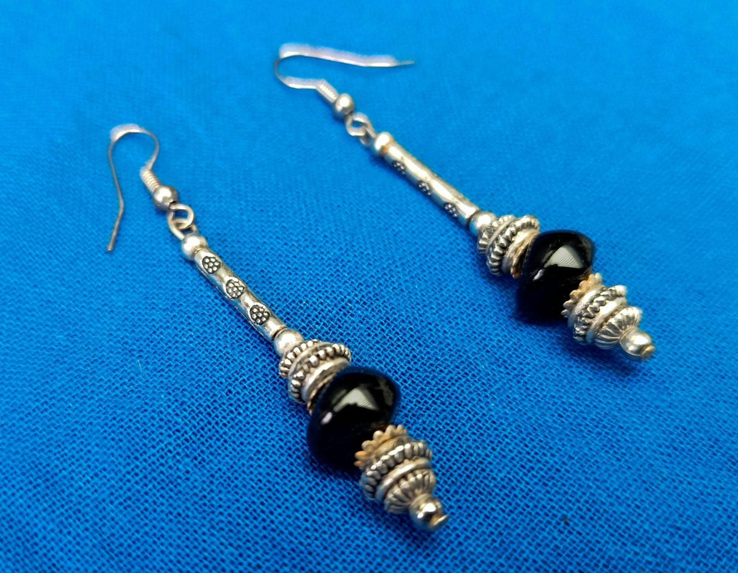 Vintage Silver Tone and Black Glass Beaded Drop Earrings