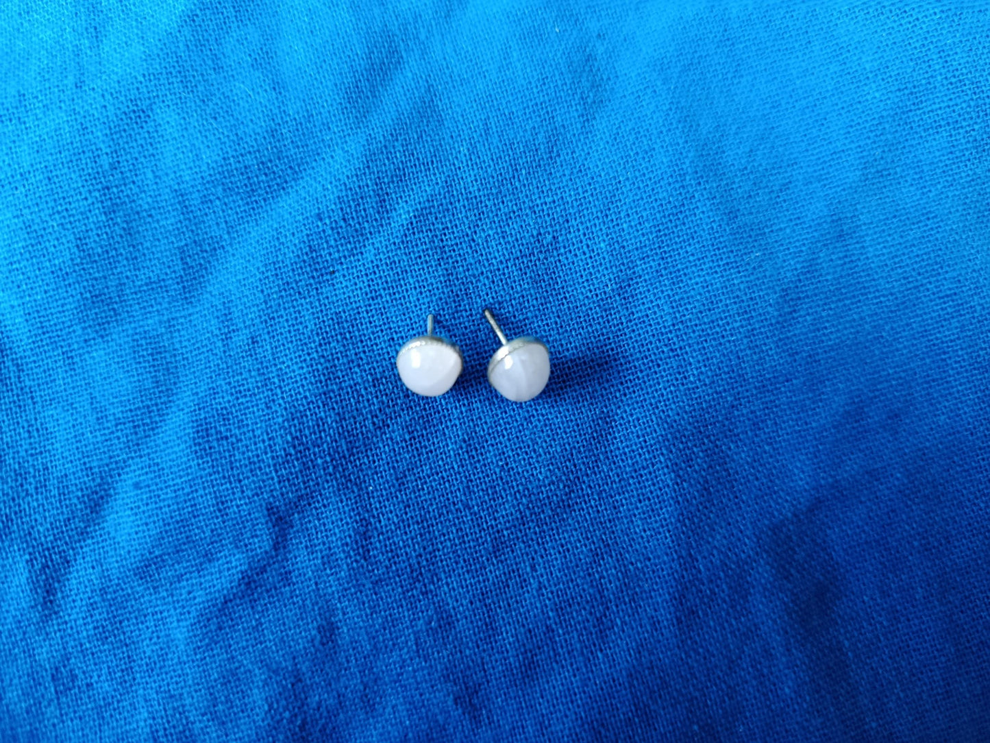 Vintage Dainty Mid Century Milk Glass Silver Plated Oval Stud Earrings