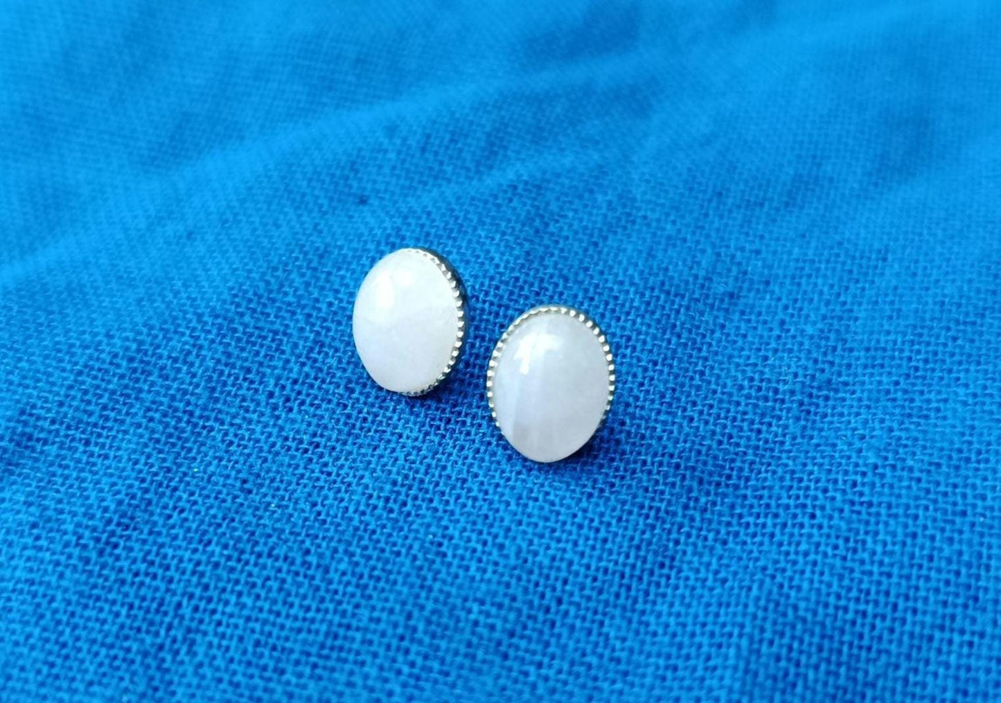 Vintage Dainty Mid Century Milk Glass Silver Plated Oval Stud Earrings