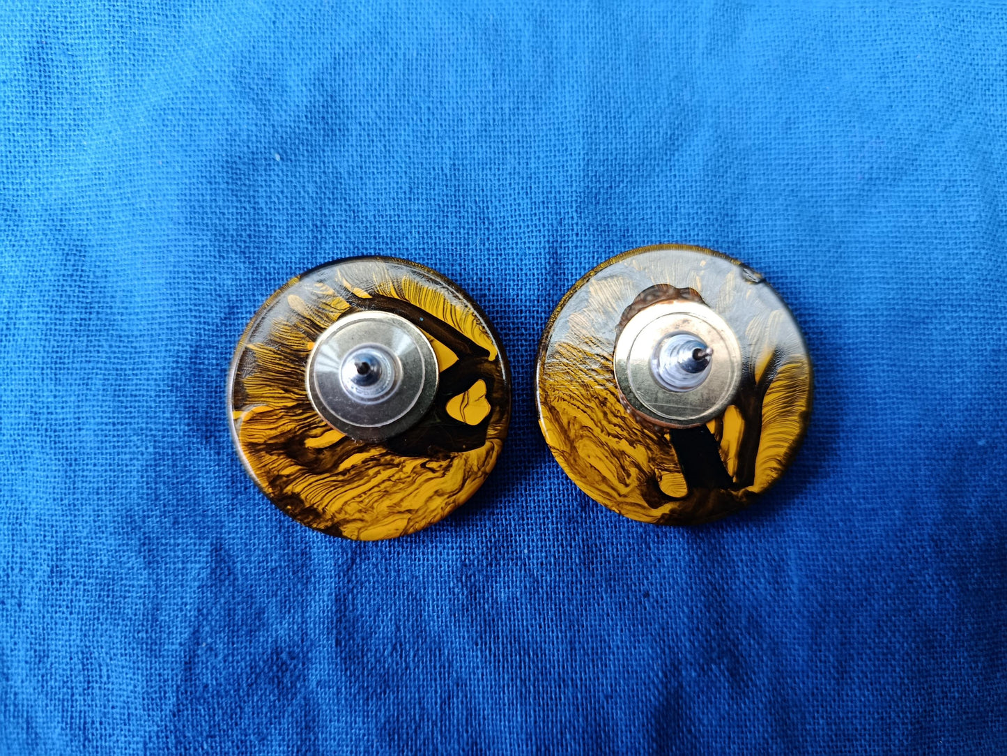 Large 30mm Yellow and Black Marbled Resin Stud Earrings