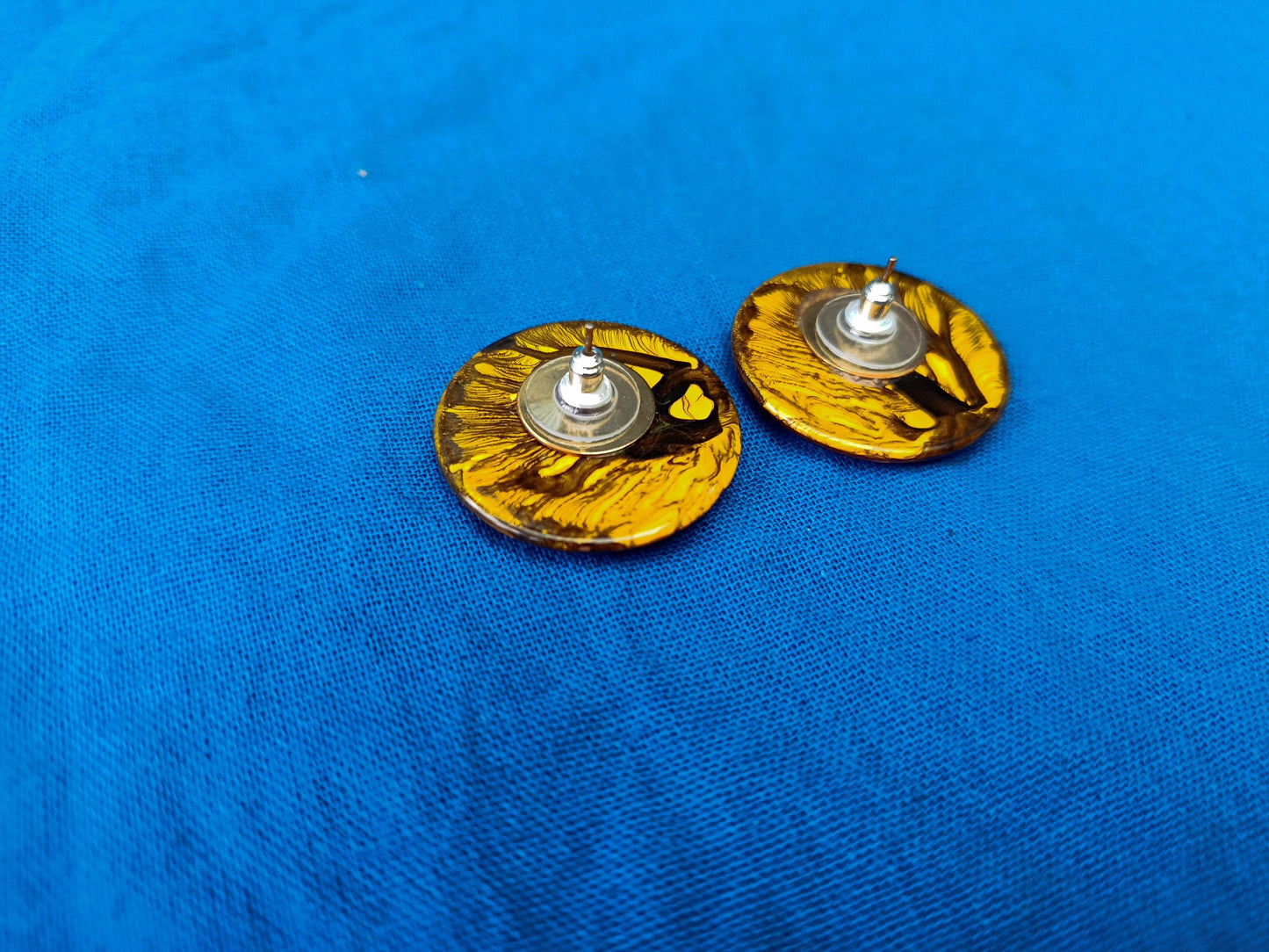 Large 30mm Yellow and Black Marbled Resin Stud Earrings