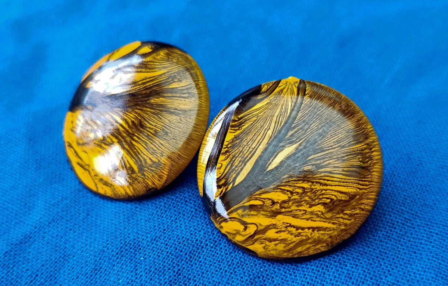 Large 30mm Yellow and Black Marbled Resin Stud Earrings
