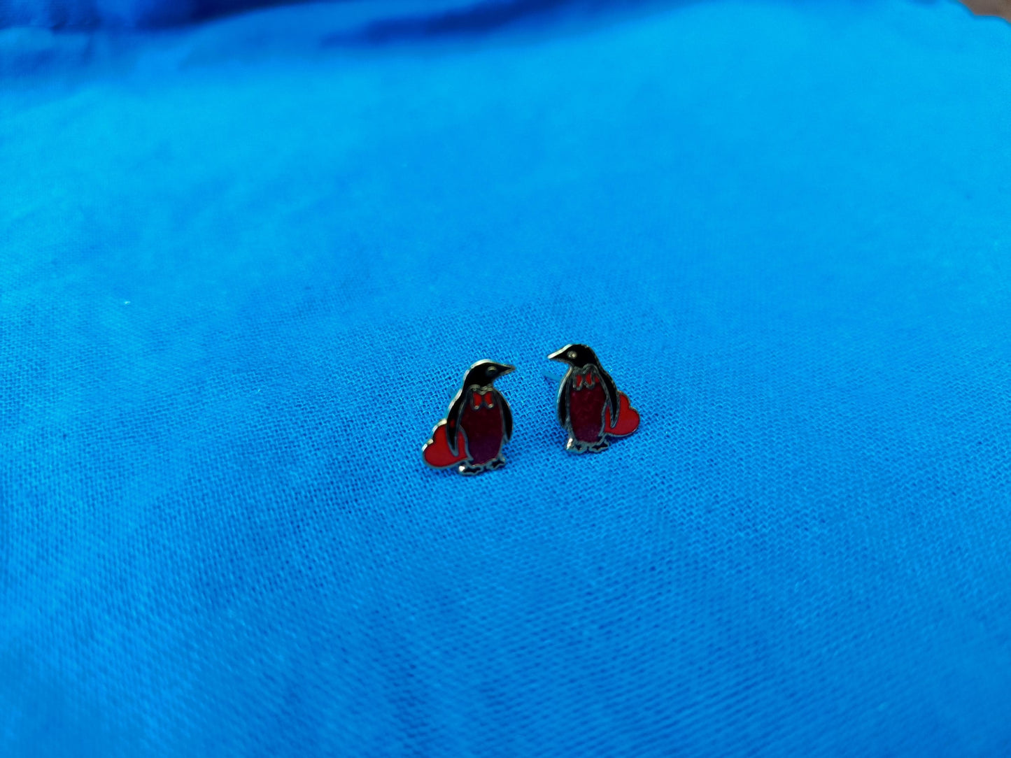 Vintage Gold Plated Cloisonné Enamel Penguin Stud Earrings