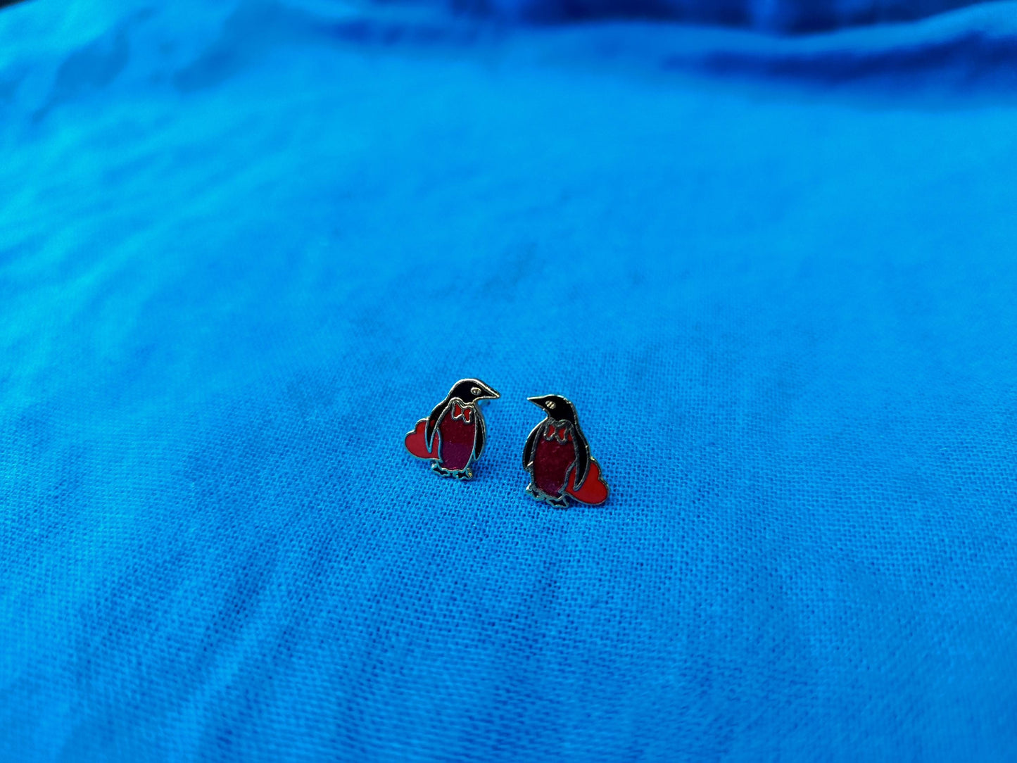 Vintage Gold Plated Cloisonné Enamel Penguin Stud Earrings