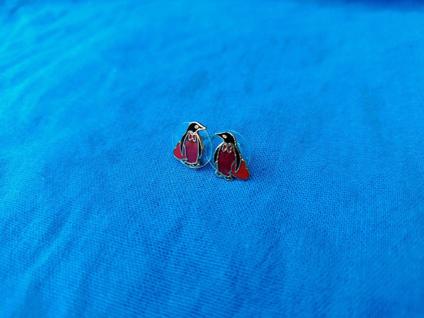 Vintage Gold Plated Cloisonné Enamel Penguin Stud Earrings