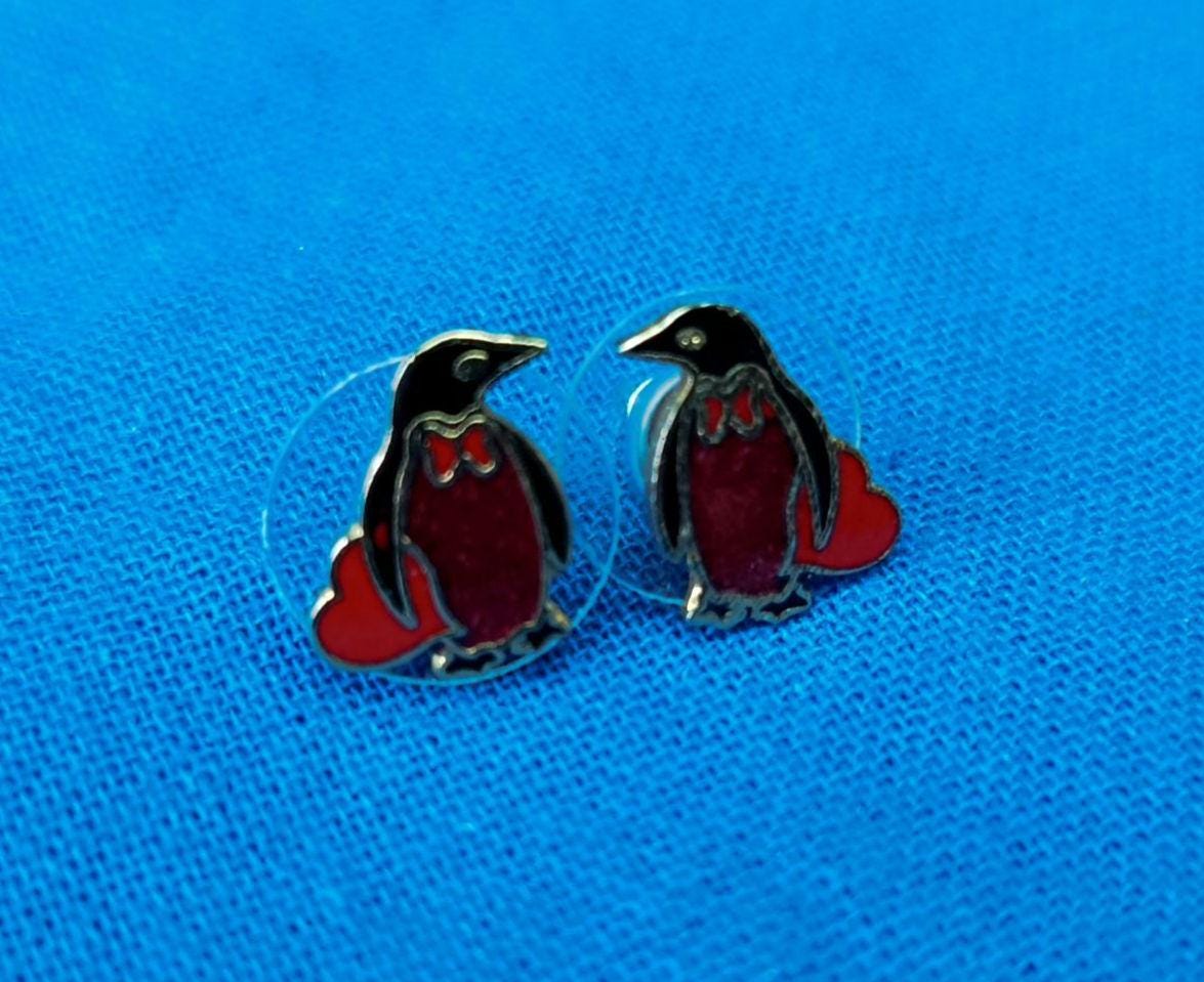 Vintage Gold Plated Cloisonné Enamel Penguin Stud Earrings