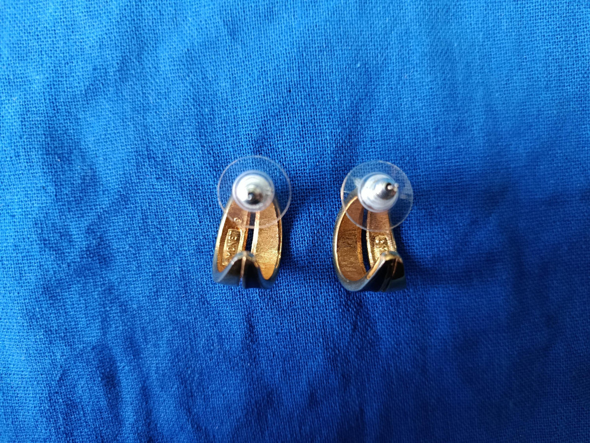 Vintage 1980s Monet Gold Plated and Black Enamel Earrings