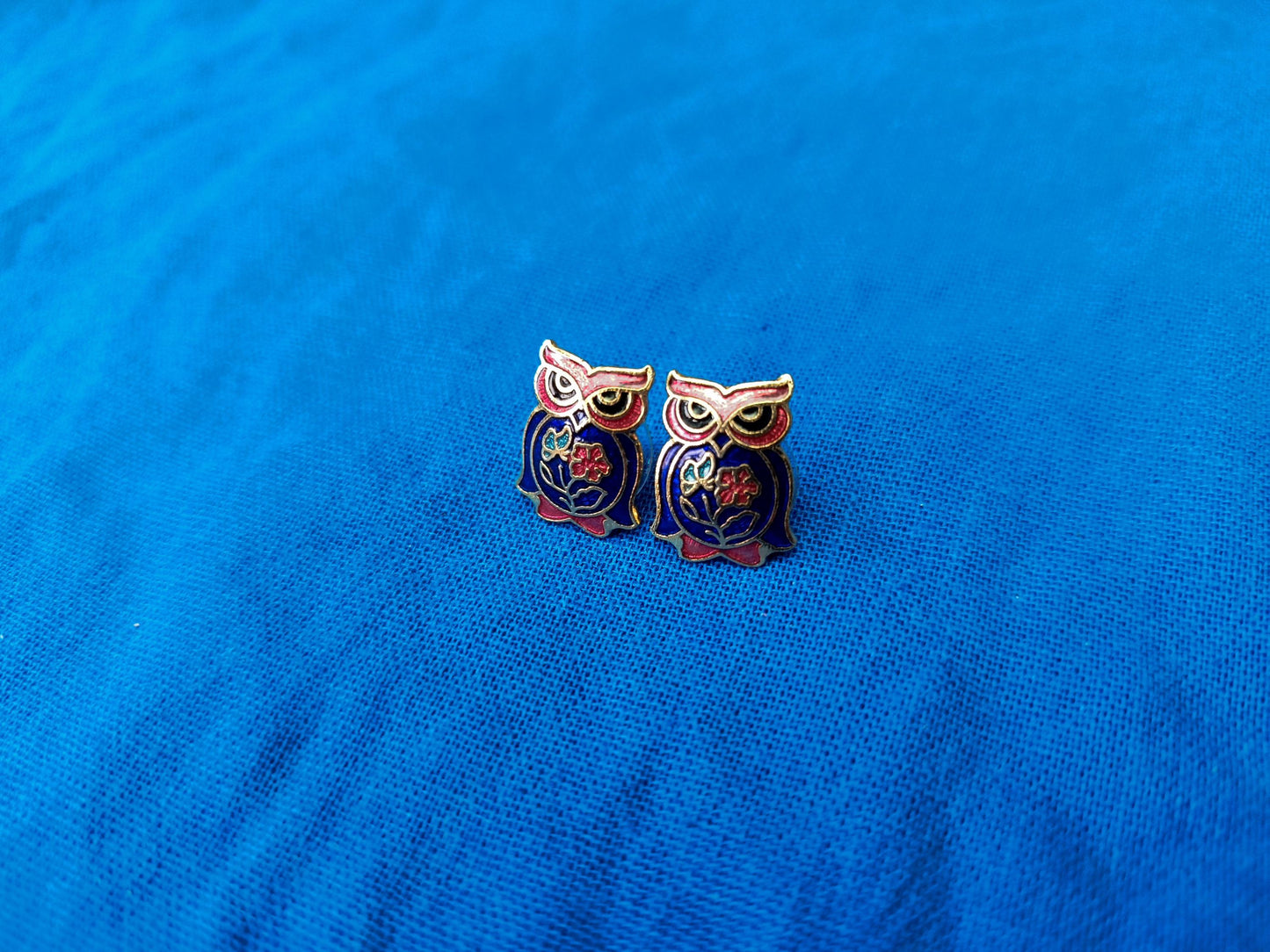 Vintage Gold Plated Cloisonné Enamel Owl Stud Earrings