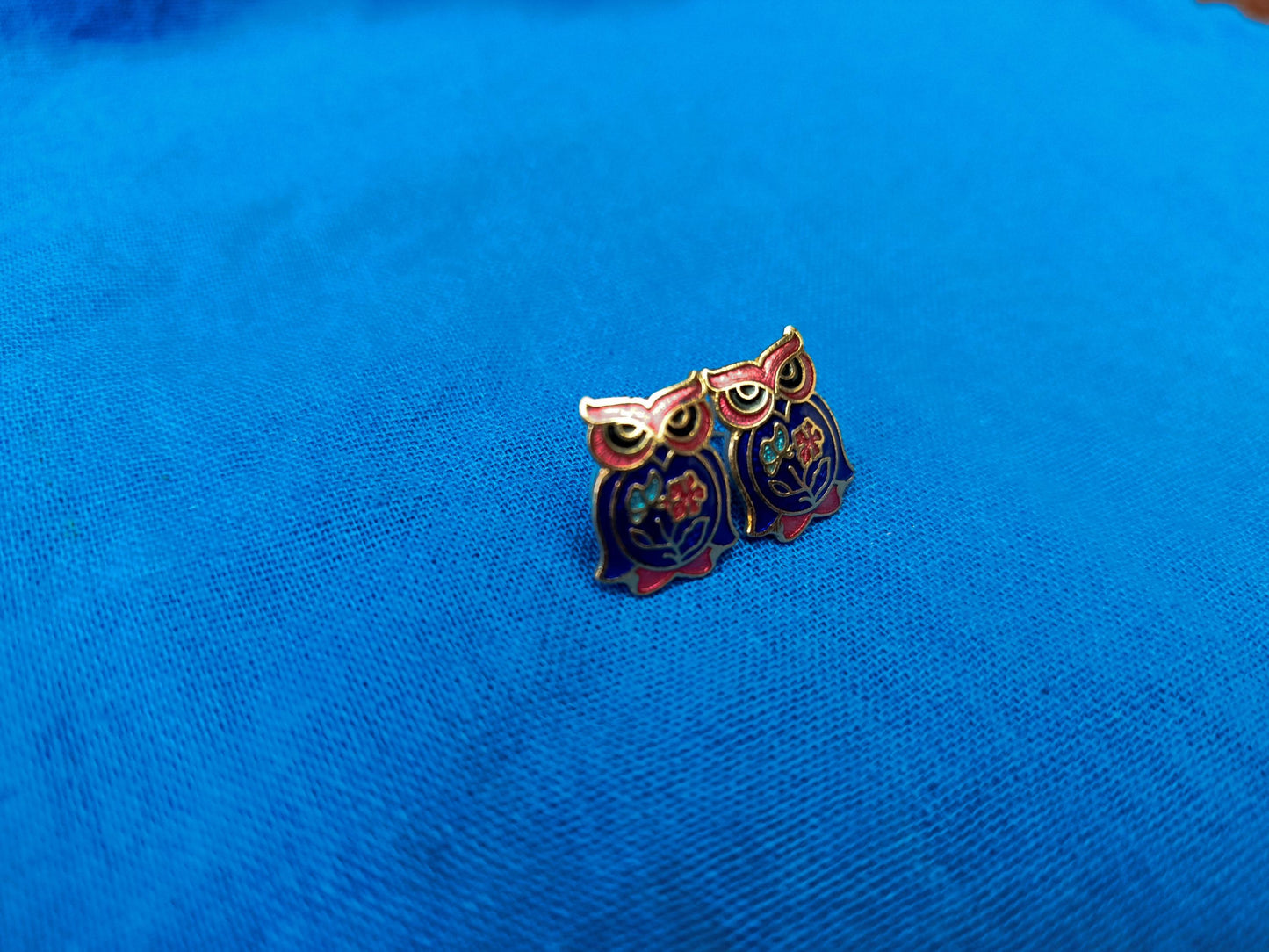 Vintage Gold Plated Cloisonné Enamel Owl Stud Earrings