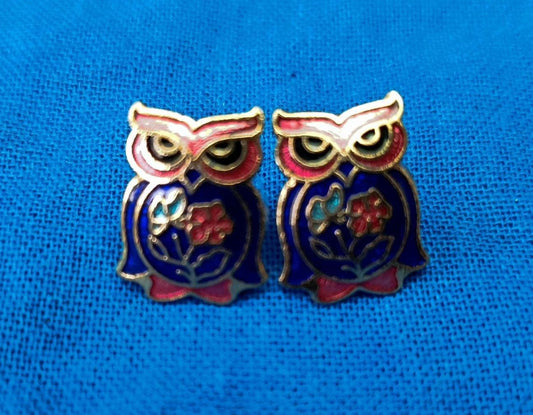 Vintage Gold Plated Cloisonné Enamel Owl Stud Earrings