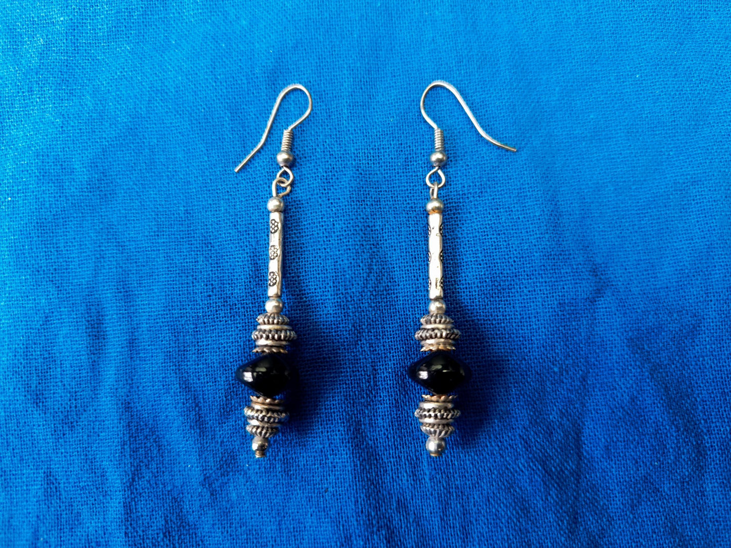Vintage Silver Tone and Black Glass Beaded Drop Earrings