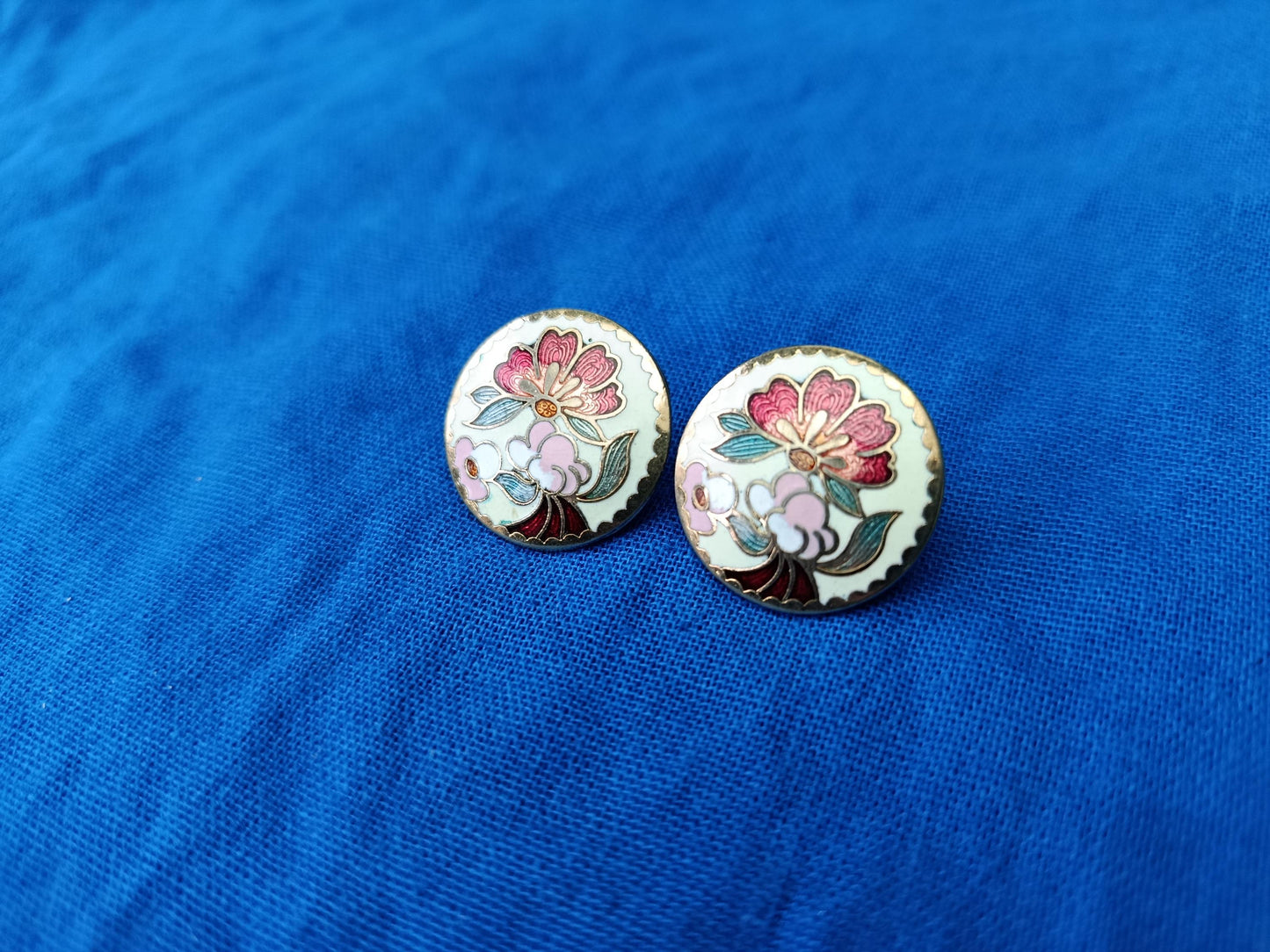 Vintage Gold Plated Cloisonné Enamel Floral Stud Earrings by Sea Gems UK