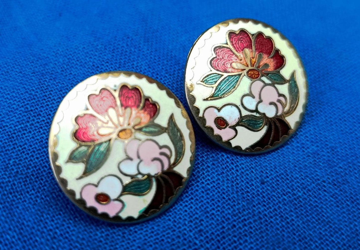 Vintage Gold Plated Cloisonné Enamel Floral Stud Earrings by Sea Gems UK