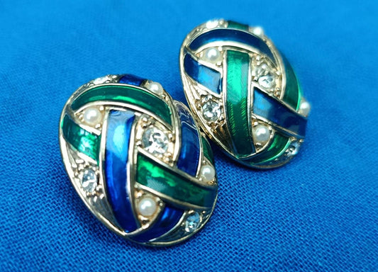 Vintage 18k Gold Plated Enamel, Crystal and Faux Pearl Stud Earrings by Cabouchon