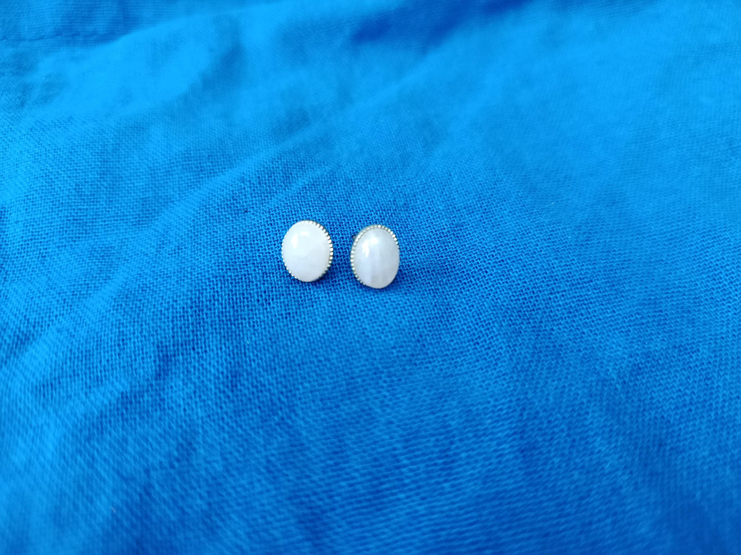 Vintage Dainty Mid Century Milk Glass Silver Plated Oval Stud Earrings