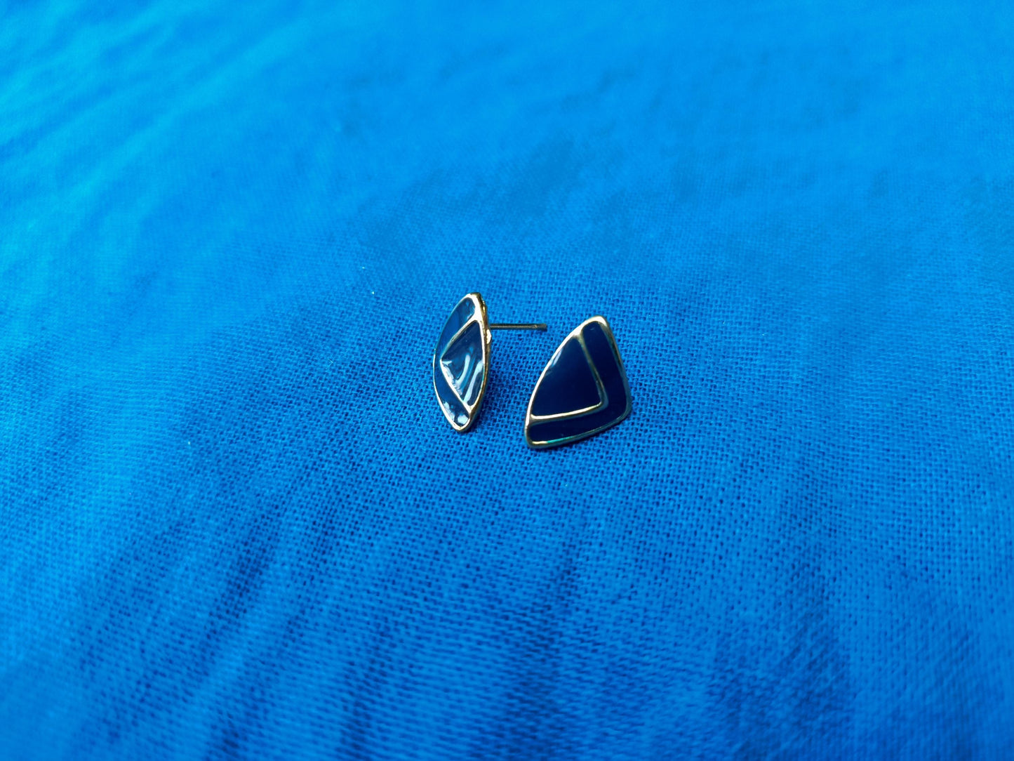 Vintage Abstract Blue Enamel Gold Plated Triangular Earrings