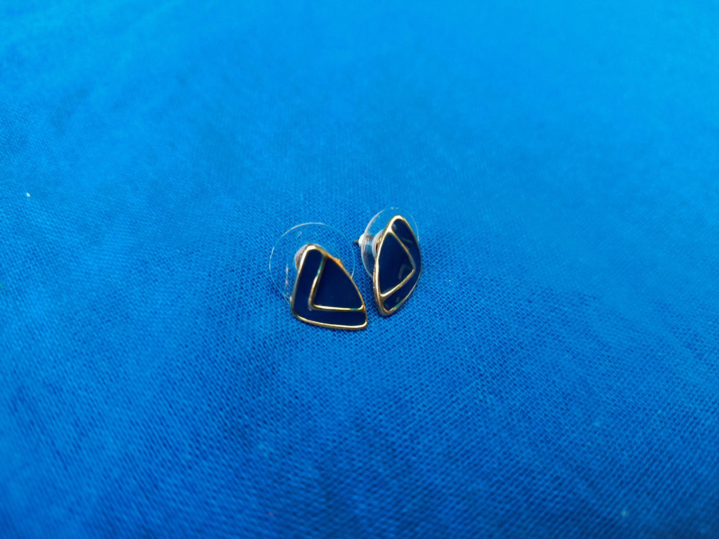 Vintage Abstract Blue Enamel Gold Plated Triangular Earrings