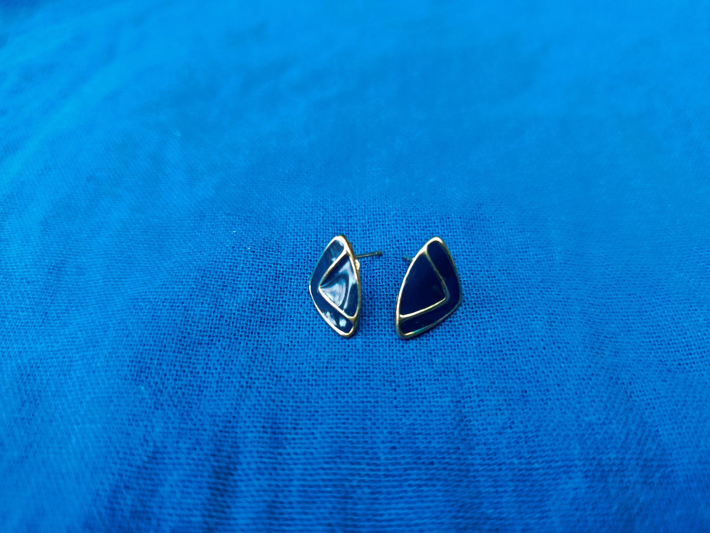 Vintage Abstract Blue Enamel Gold Plated Triangular Earrings