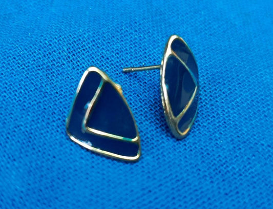 Vintage Abstract Blue Enamel Gold Plated Triangular Earrings