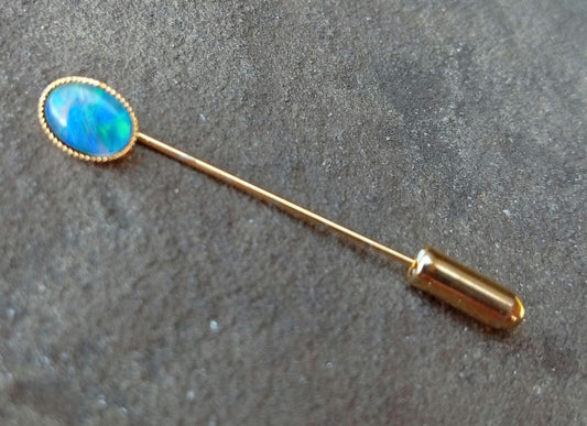Vintage Gold Plated Stick Pin with Blue Green Opal Triplet – Mid-Century Jewelry